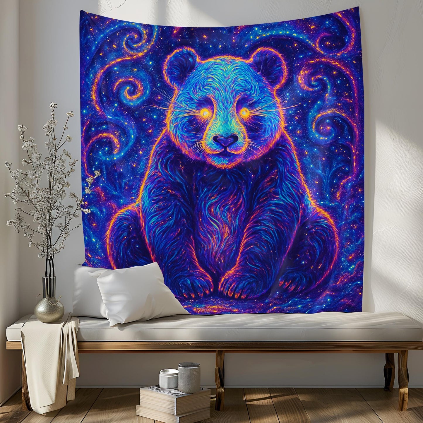 Glowing Neon Panda Sitting in Cosmic Forest Surrounded by Galaxy Fragments with Radiant Eyes in Surreal Psychedelic Aesthetic Tapestry