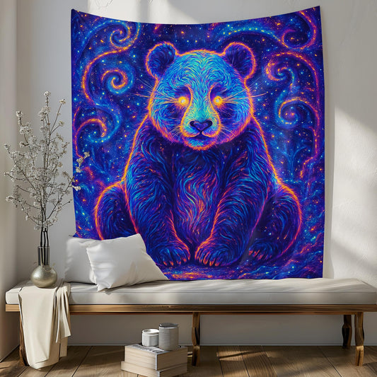Glowing Neon Panda Sitting in Cosmic Forest Surrounded by Galaxy Fragments with Radiant Eyes in Surreal Psychedelic Aesthetic Tapestry