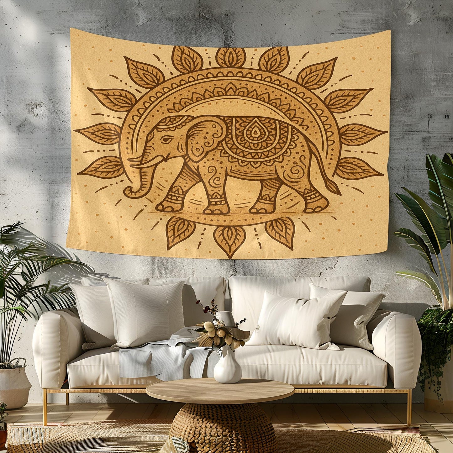Boho Elephant Tapestry Wall Hanging – Beige Mandala-Style Elephant Decor for Bedroom, Living Room, or Meditation Space