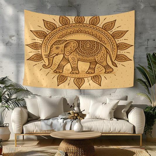 Boho Elephant Tapestry Wall Hanging – Beige Mandala-Style Elephant Decor for Bedroom, Living Room, or Meditation Space