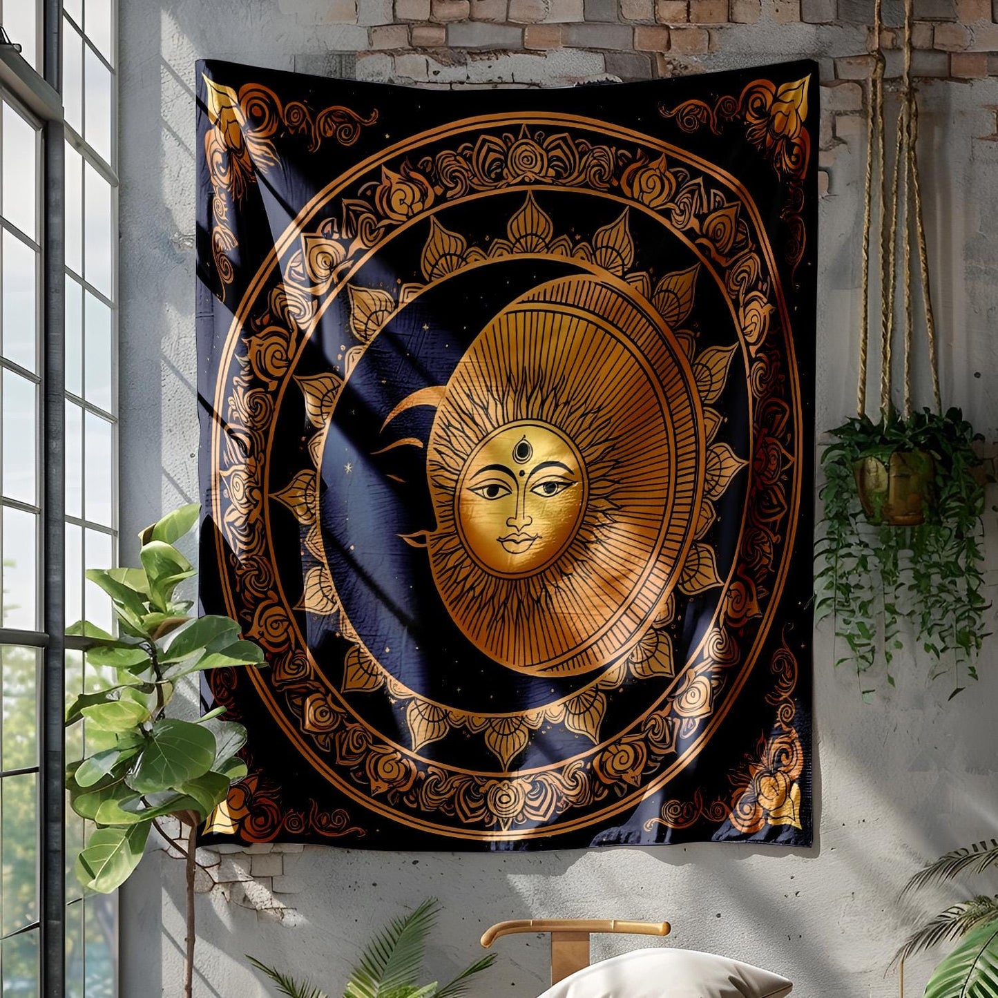 Indian Mandala Tapestry Wall Hanging, Celestial Sun Moon Decor, Spiritual Meditation Room Art, Yoga Wall Decor, Astrology Bedroom Tapestry