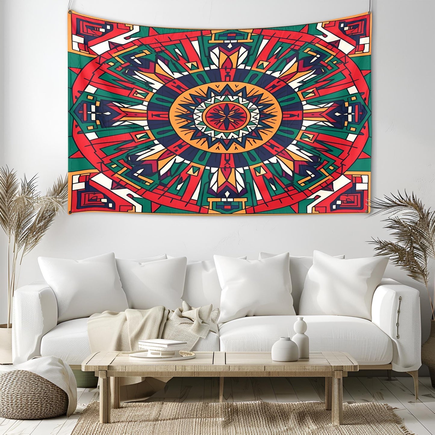 Bold Symmetrical Mandala Tapestry, Aztec Geometric Patterns with Structured Grid, Precision-Aligned Tribal Design, Cultural Wall Art