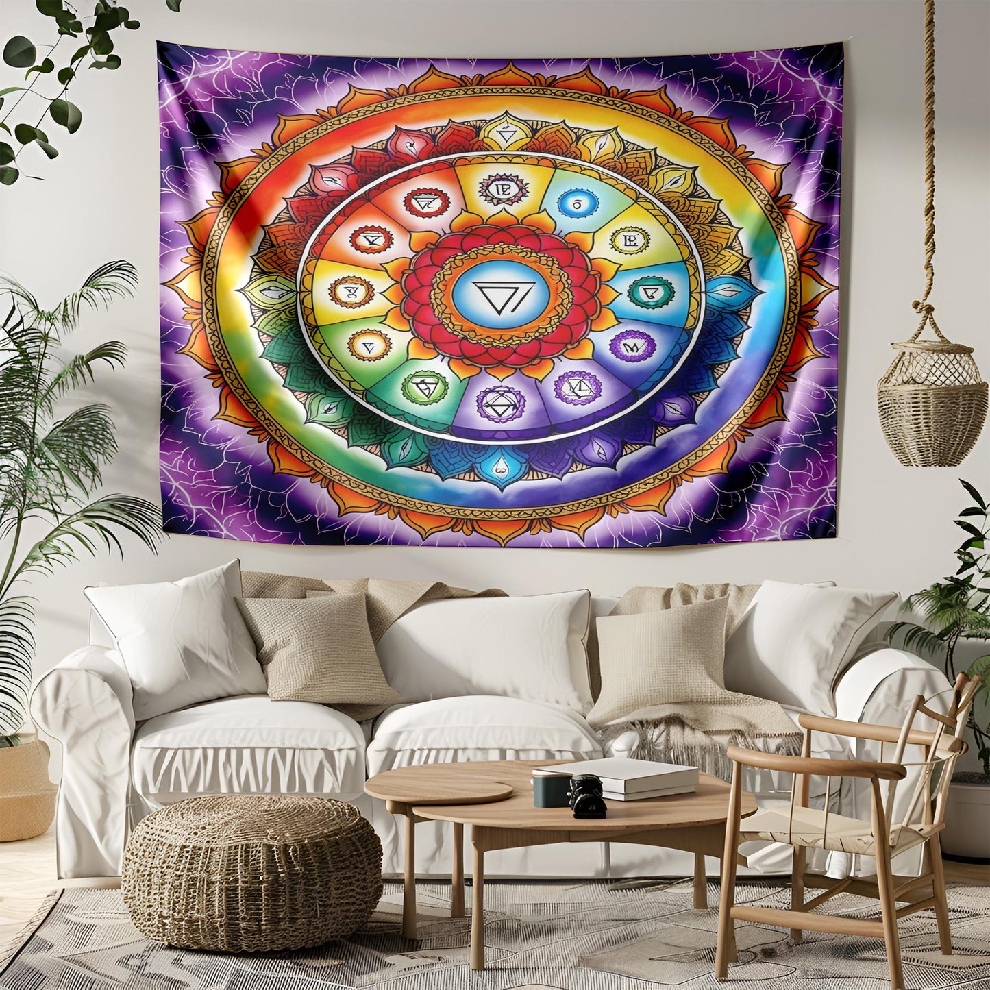 Vibrant Chakra Mandala Tapestry, Seven Energy Centers Wall Hanging, Spiritual Healing Decor, Colorful Yoga Meditation Art