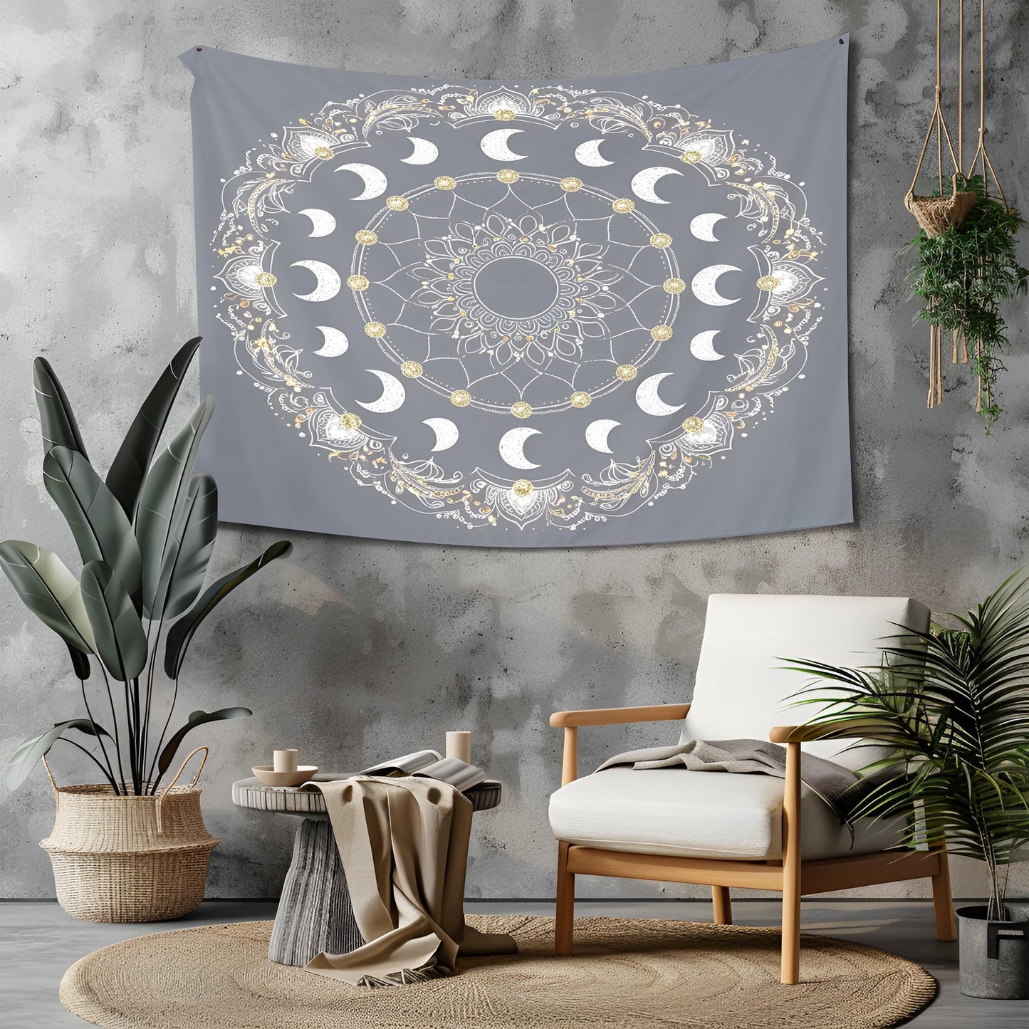 Celestial Mandala Tapestry, Crescent Moon Phases with Silver & Gold Accents, Intricate Swirling Patterns, Cosmic Boho Wall Decor