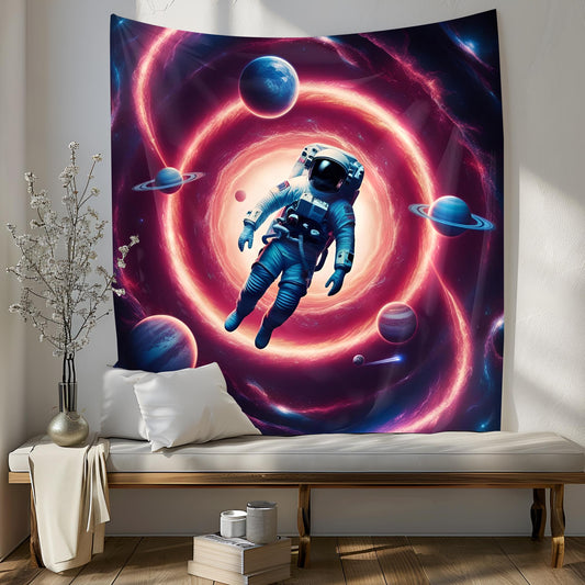 Psychedelic Astronaut Tapestry, Cosmic Vortex Wall Art, Swirling Neon Galaxies & Fractal Planets, Surreal Space Travel Decor , Trippy Decor
