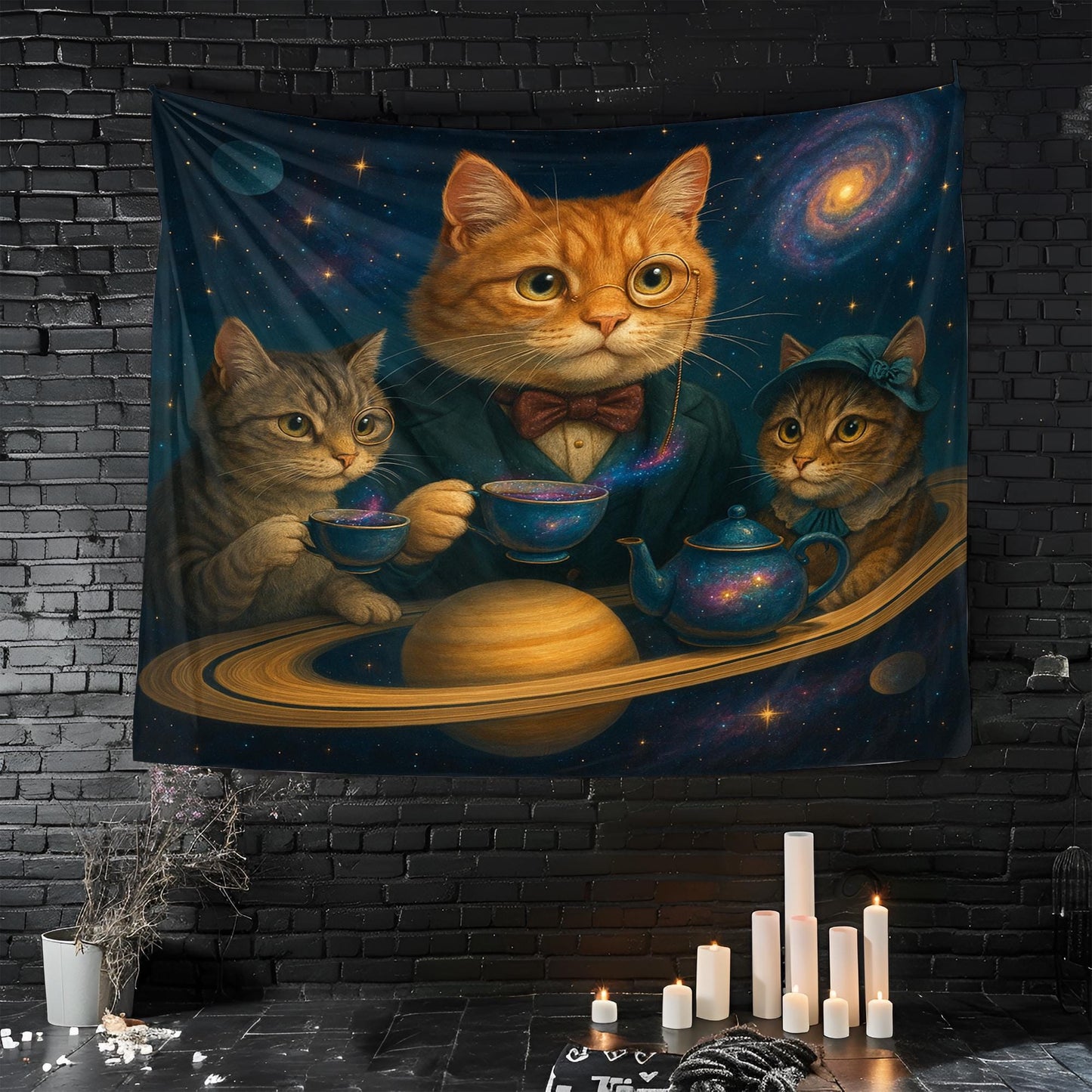 Galaxy Cat Tapestry Wall Hanging, Whimsical Space Tea Party Art, Astronaut Cat Decor For Bedroom Or Living Room, Gift For Cat Lovers 50"x60"