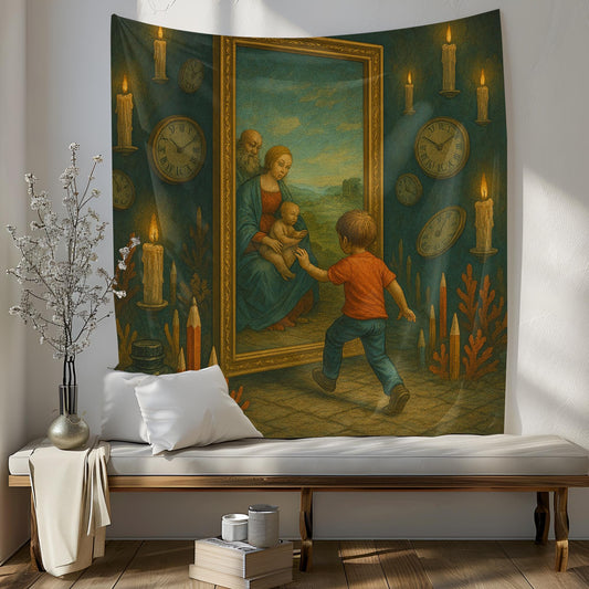 Child Stepping Through Mirror Into Renaissance Painting Tapestry, Floating Candles And Broken Clocks, Surreal Wall Art, Gift For Her