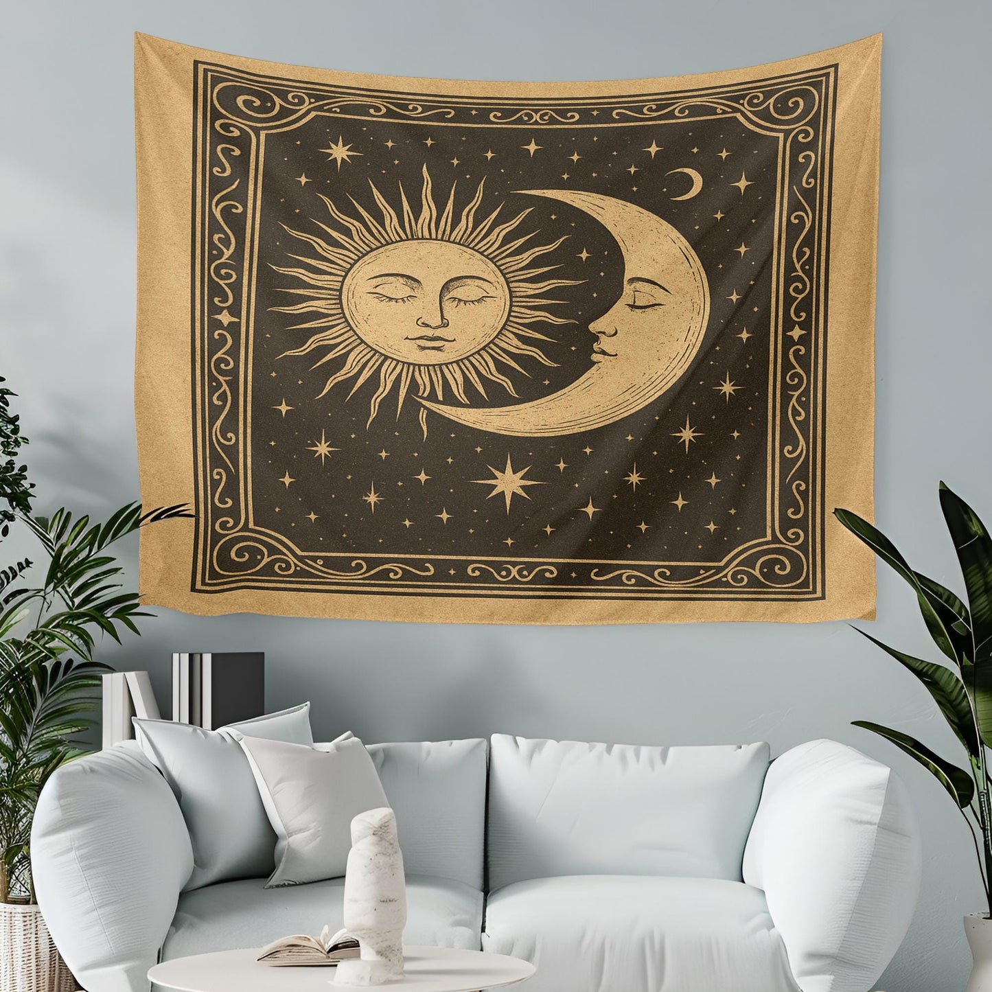 Vintage Celestial Sun and Moon Tapestry Wall Hanging – Boho Cosmic Wall Art with Stars and Retro Astrology-Inspired Space Design