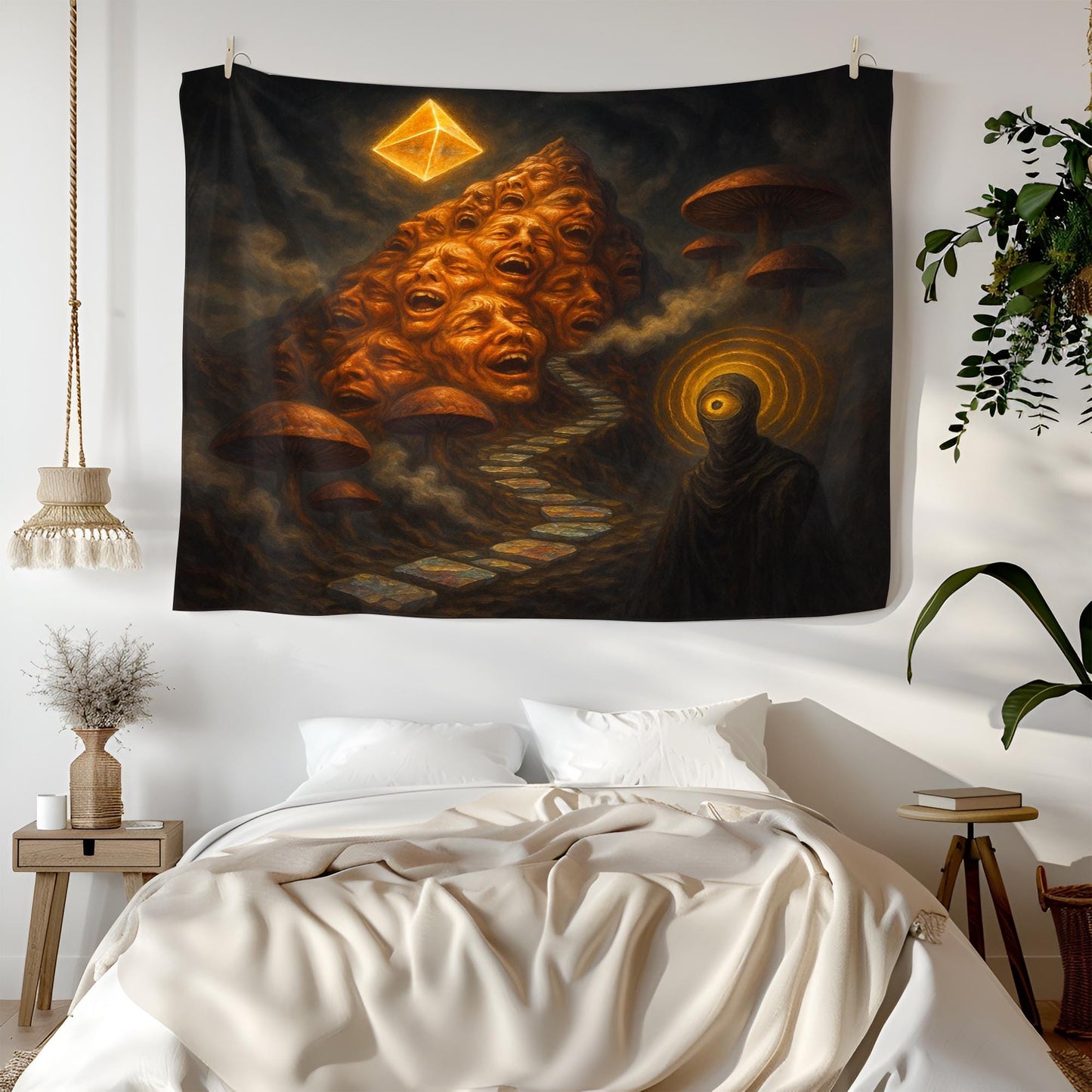 Surreal Horror Tapestry – Trippy Eyeball Figure Wall Art, Dark Psychedelic Decor, Dreamscape Faces Scene, Visionary Mushroom Tapestry