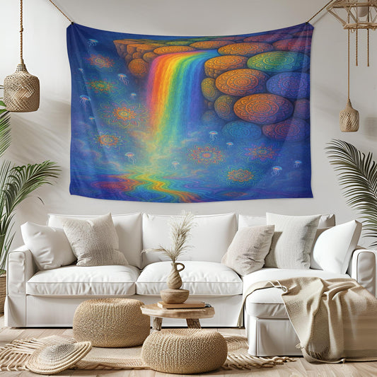 Rainbow Waterfall Tapestry, Psychedelic Mandala Wall Art, Trippy Boho Room Decor, Spiritual Meditation Print, Colorful Dorm Gift