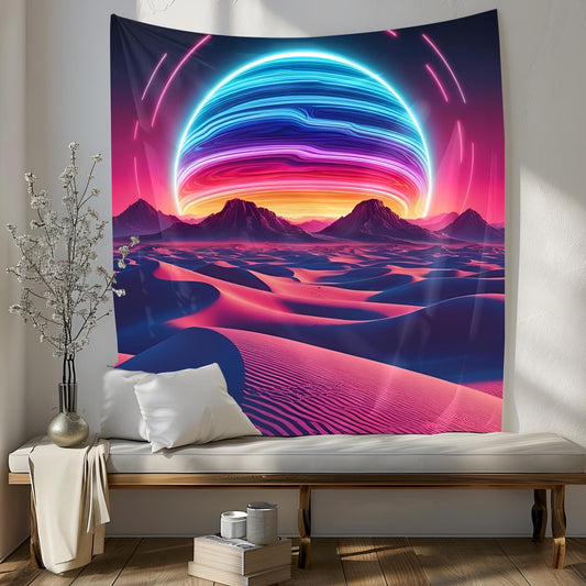 Psychedelic Desert Tapestry, Glowing Sand Dunes & Neon Sun, Surreal Melting Mountains, Retro-Futuristic Dreamscape Art, Trippy Tapestry