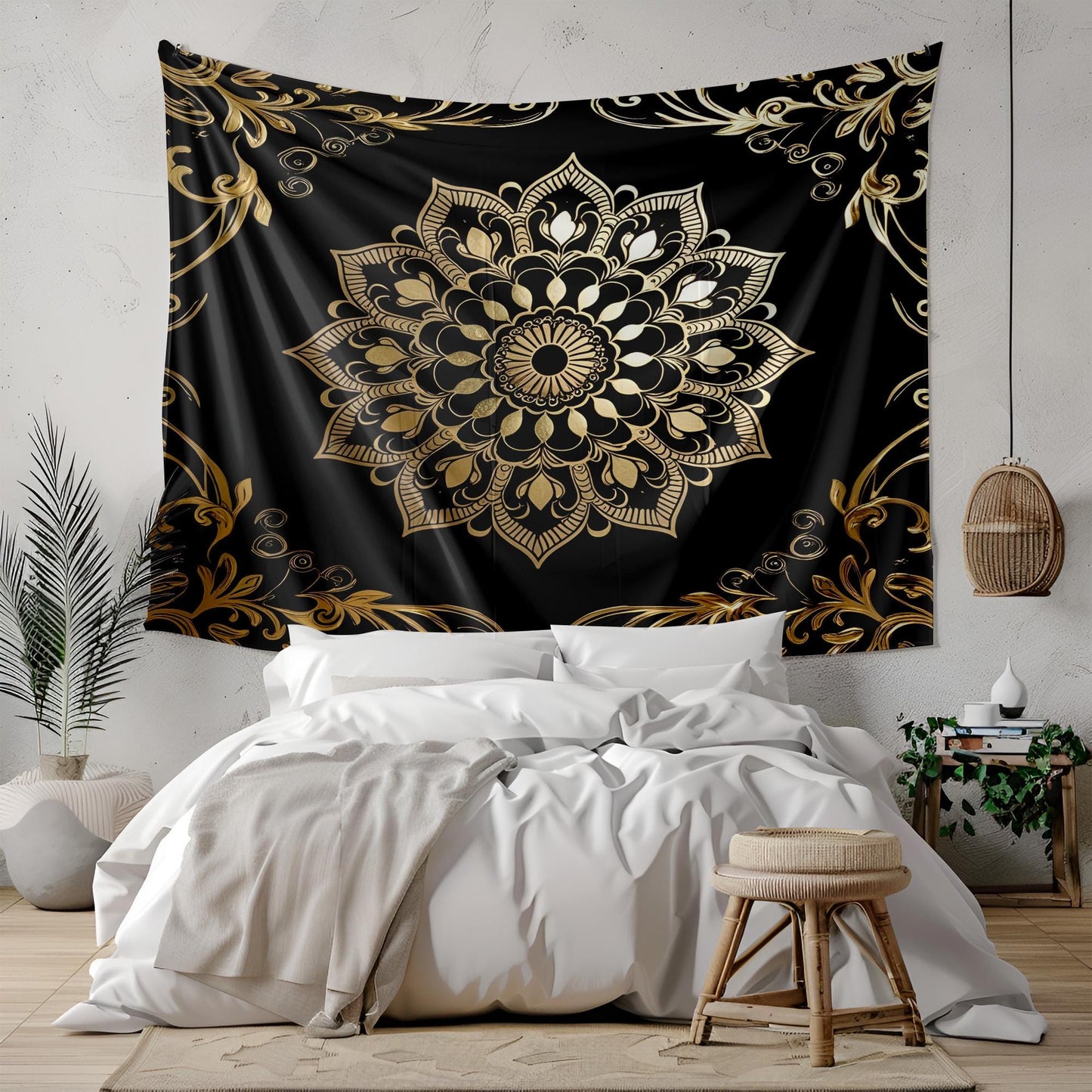Black Gold Mandala Tapestry, Luxurious Metallic Wall Hanging, Elegant Boho Decor, Intricate Swirling Design Art, Luxurious Mandala