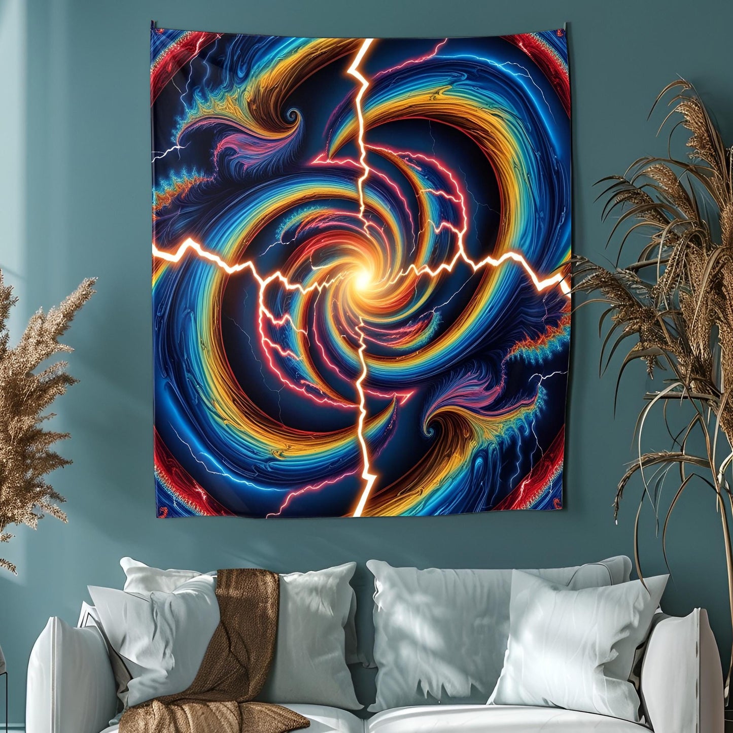 Psychedelic Optical Illusion Tapestry, Swirling Electric Waves, Rainbow Lightning & Hypnotic Fractal Vortex Wall Art