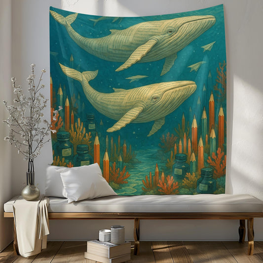 Book Page Whales Tapestry, Surreal Underwater Scene With Pencil Coral Reefs And Ink Sea, Dreamy Literary Wall Art, Gift For Book Lovers