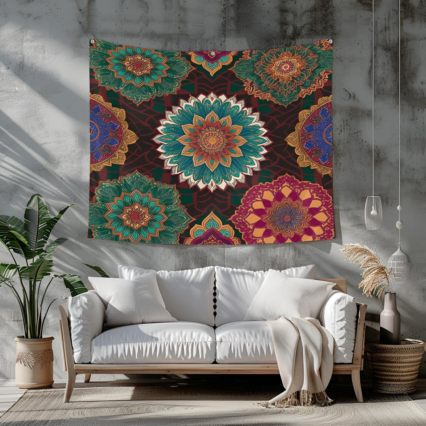 Moroccan Mandala Pattern Tapestry, Seamless Ornate Geometric Design with Rich Jewel Tones, Intricate Interwoven Details, Boho Wall Art