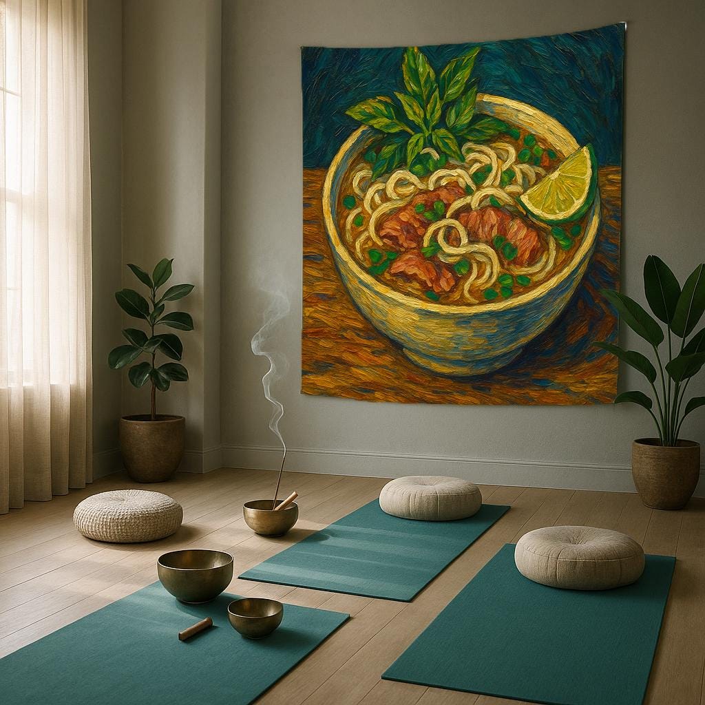 Vietnamese Pho Noodle Soup Wall Tapestry, Hand-Painted Style Food Art with Lime and Herbs, Cozy Kitchen or Dining Room Asian Cuisine Decor