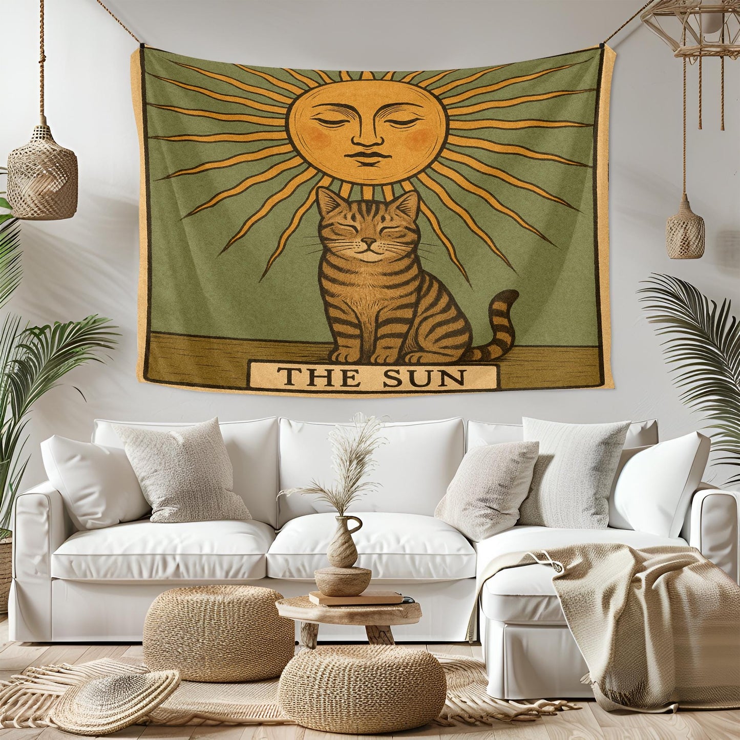 The Sun Cat Tapestry – Tarot-Inspired Wall Hanging, Mystical Boho Cat Wall Art, Celestial Decor for Bedroom, Dorm or Meditation Space