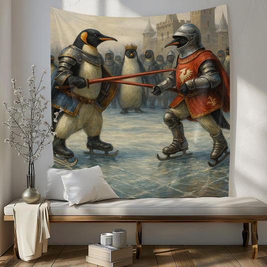 Medieval Penguin Jousting Tapestry, Funny Animal Wall Art For Game Room Or Dorm, Ice Battle Decor, Unique Gift For Penguin Or History Fans