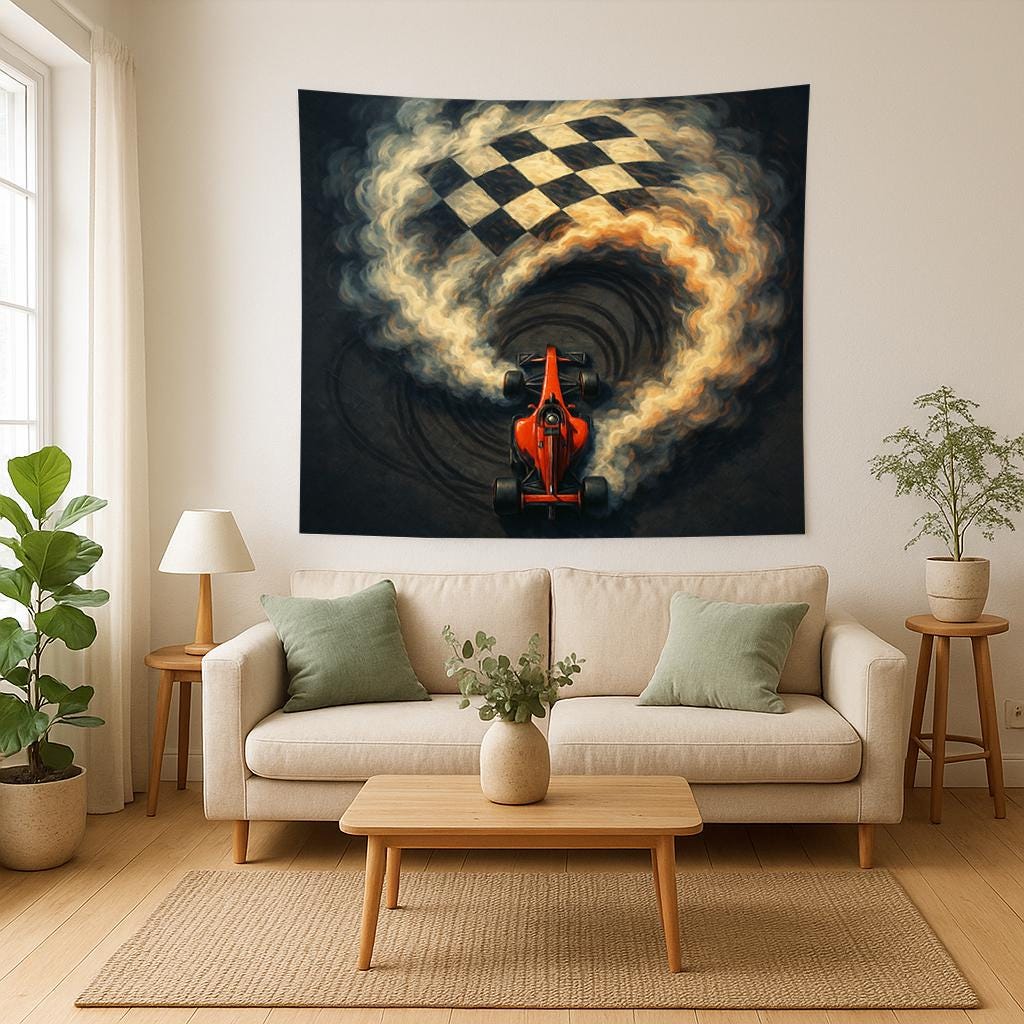 Formula 1 Racing Tapestry, Red F1 Car Wall Art with Checkered Flag, Motorsport Decor for Man Cave, Speed Lover Gift, Auto Room Print