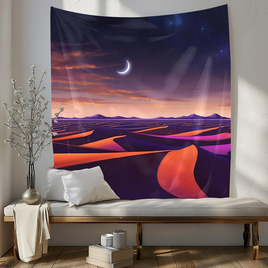 Desert Landscape Tapestry, Starry Night Sky with Crescent Moon, Deep Orange Sand Dunes & Purple Shadows, Tranquil Boho Wall Art