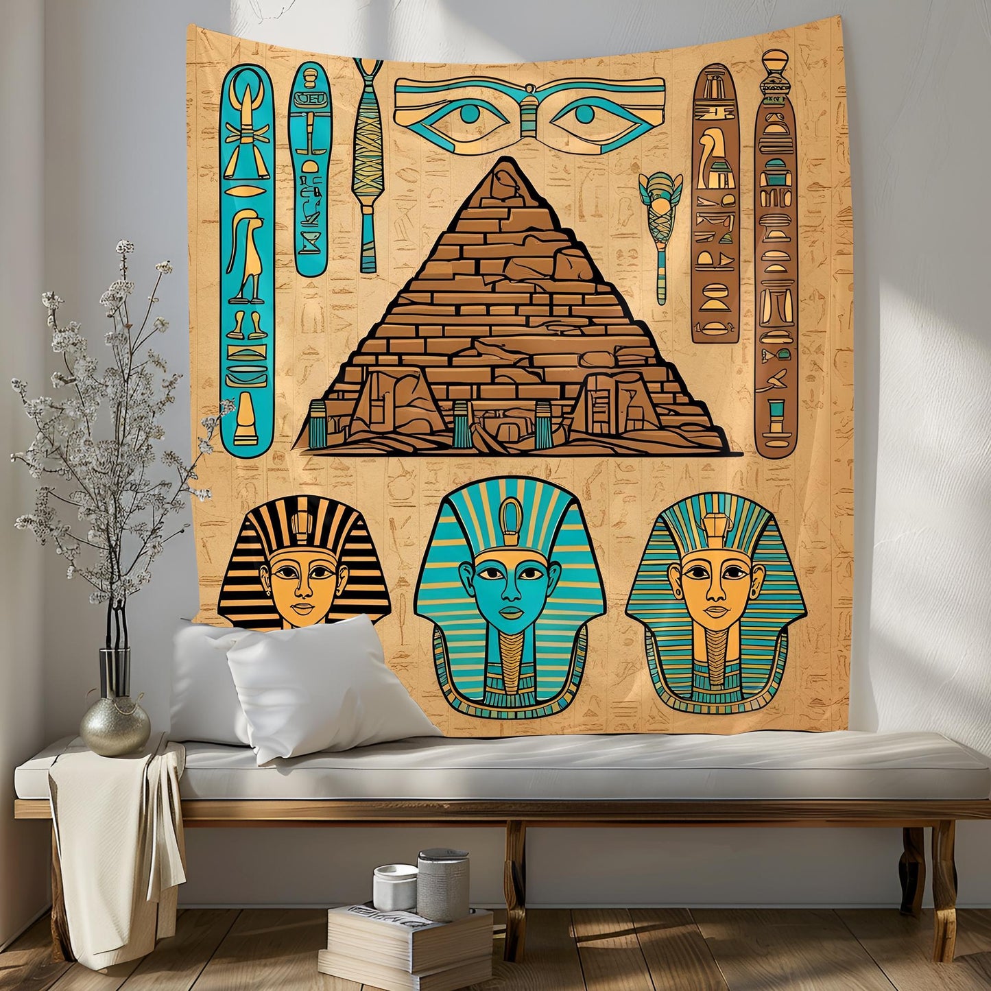 Egyptian Tapestry with Hieroglyphs, Pyramids & Pharaoh Masks, Golden Brown Turquoise Tones, Ancient Papyrus Texture Wall Art