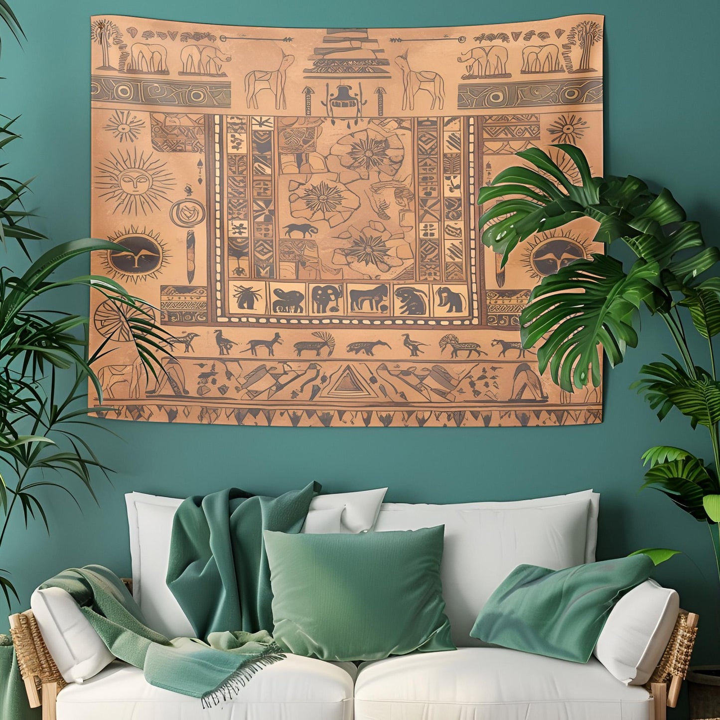 Mystical Tapestry, Ancient Stone Carving Wall Hanging, Sacred Geometric Design, Earthy Sand Tones Decor, Monument Tapestry , Gift for room