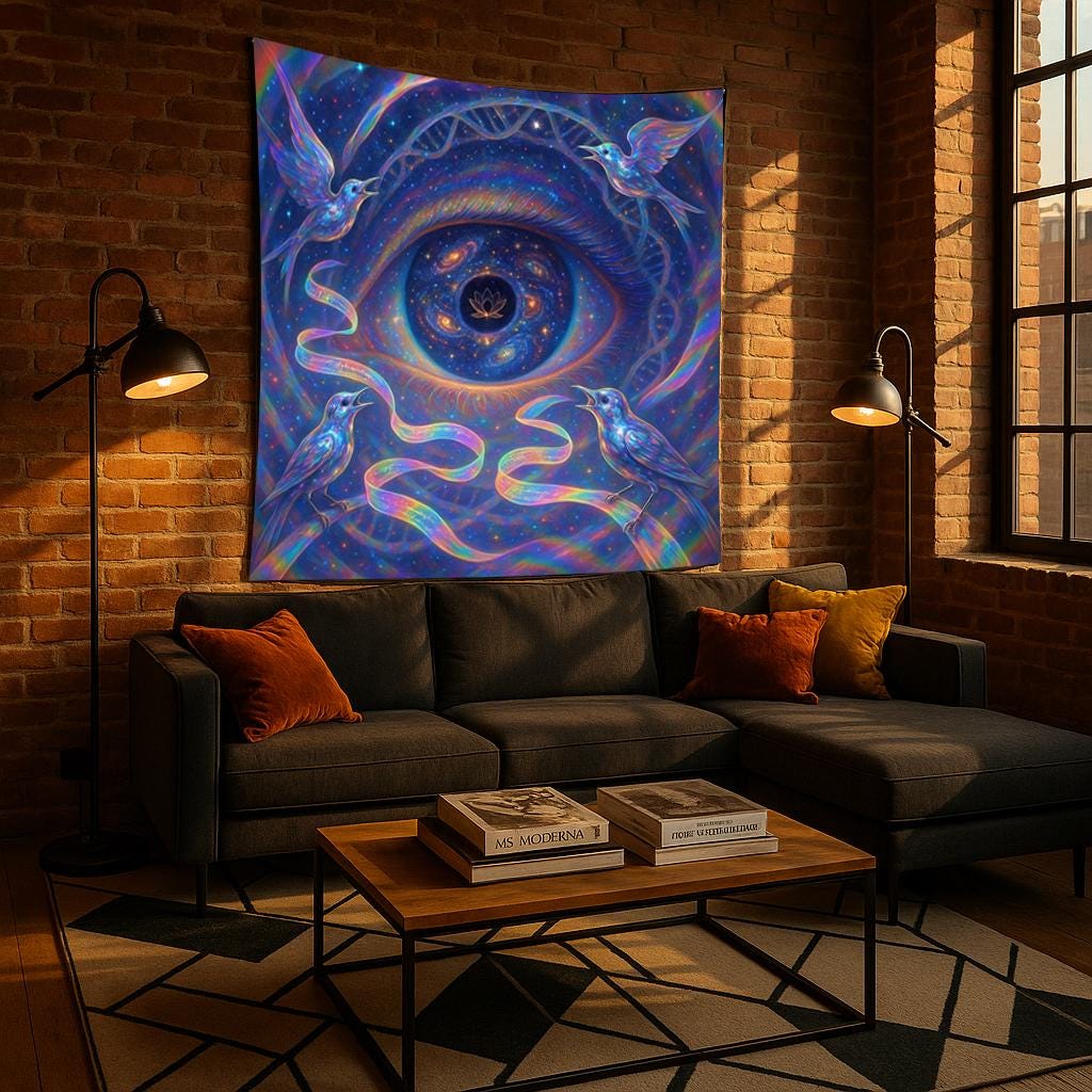 Cosmic Eye Tapestry – Trippy Bird and Galaxy Wall Art, Third Eye Vision Decor, Psychedelic Surreal Scene, Spiritual DNA Energy Art, Lotus