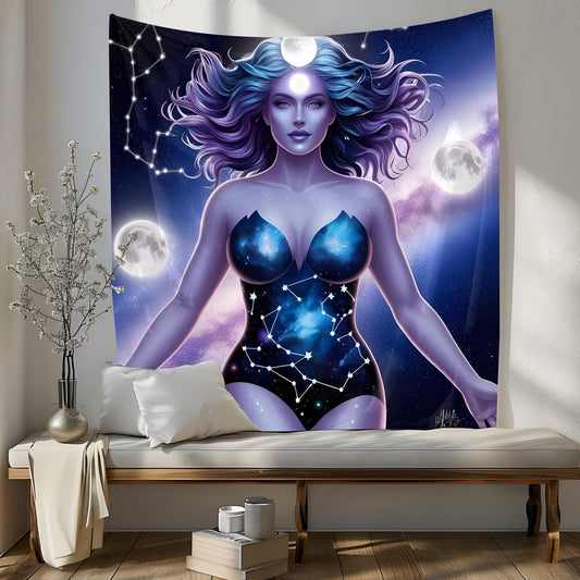 Cosmic Goddess Tapestry Full-Frame Design, Hair Blending into Galaxy, Constellations, Glowing Moons, Indigo Lavender Stardust Fantasy Art