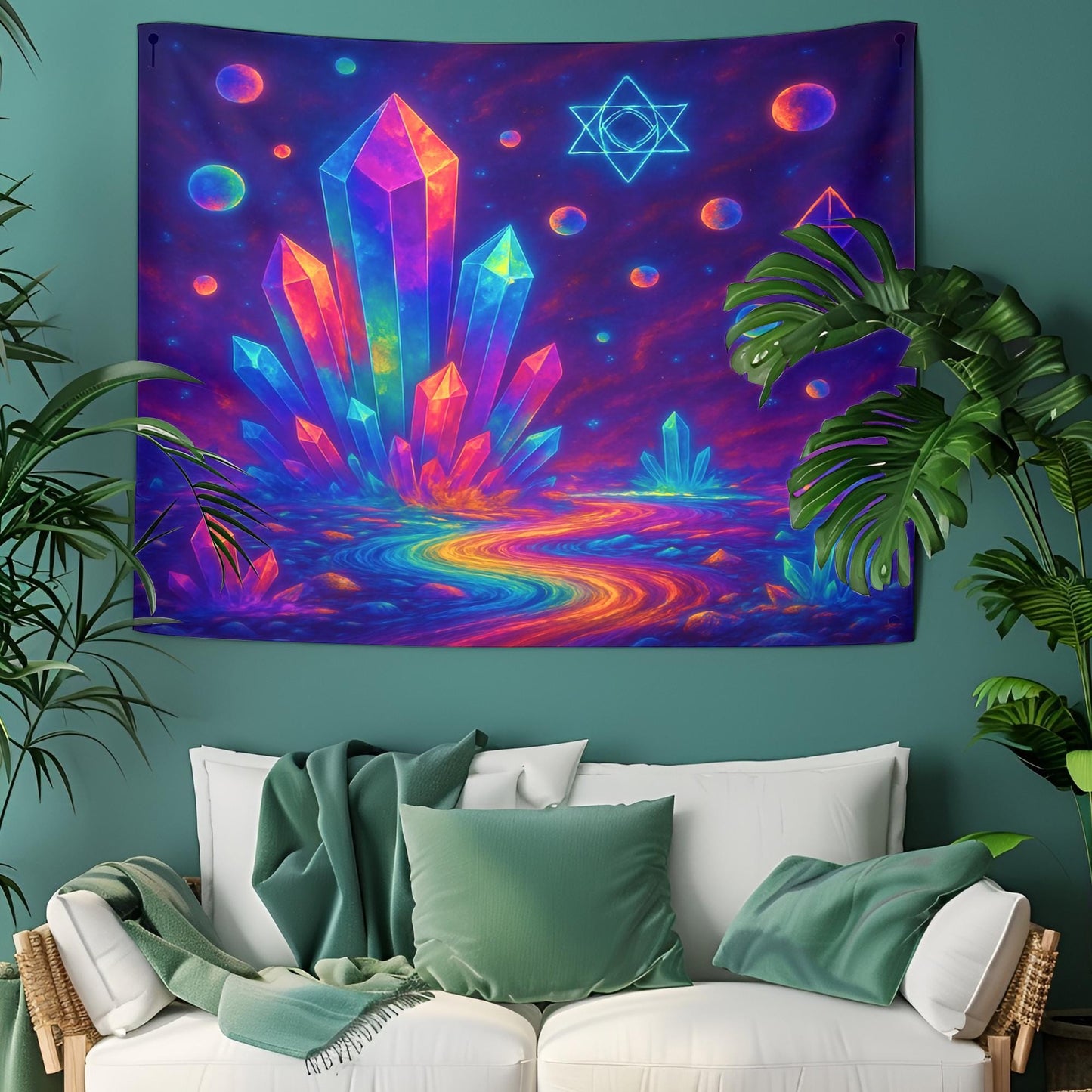 Rainbow Crystal Field Tapestry, Trippy Wall Art With Sacred Geometry, Floating Orbs And Energy Waves, Psychedelic Decor, Gift For Her