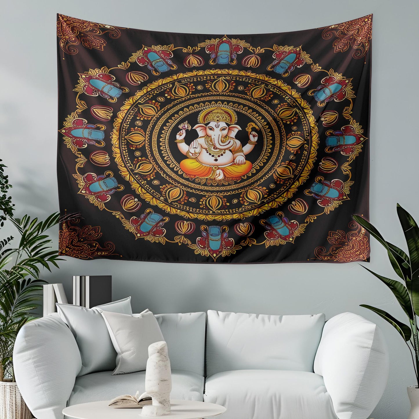 Lord Ganesha Mandala Tapestry, Indian Spiritual Wall Hanging, Elephant Motif Decor, Maroon Saffron Boho Art, Hindu Sacred Design