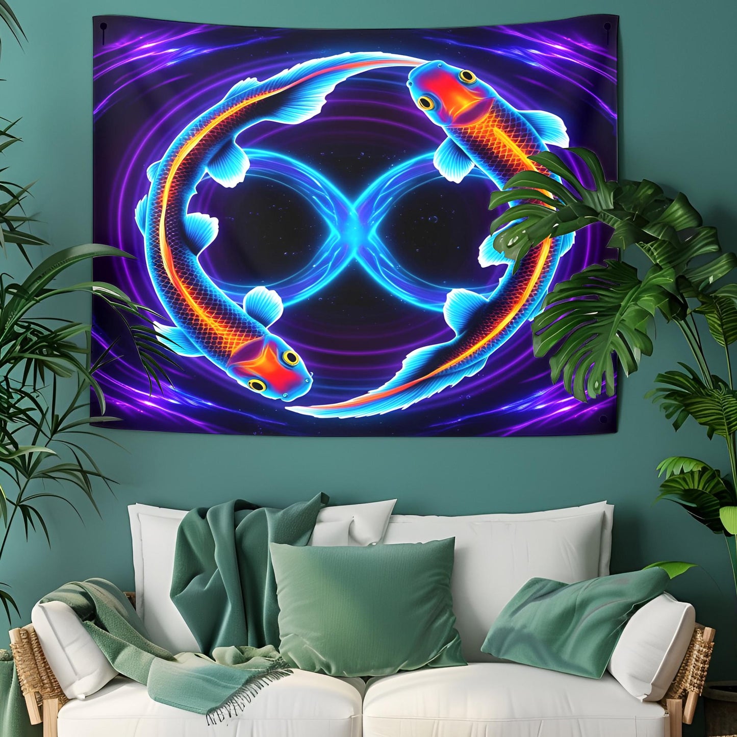 Neon Koi Fish Infinity Tapestry, Glowing Cosmic Water Ripples, Psychedelic Blue Purple Art, Mesmerizing Symbol of Balance & Energy Flow