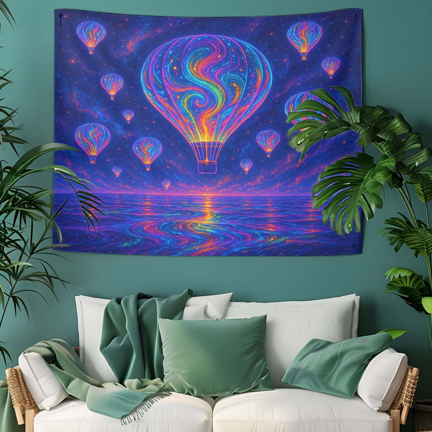 Glowing Neon Hot Air Balloons Floating Above a Cosmic Sea Reflecting Infinite Swirling Colors with Dreamy Psychedelic Ultra HD Aesthetic