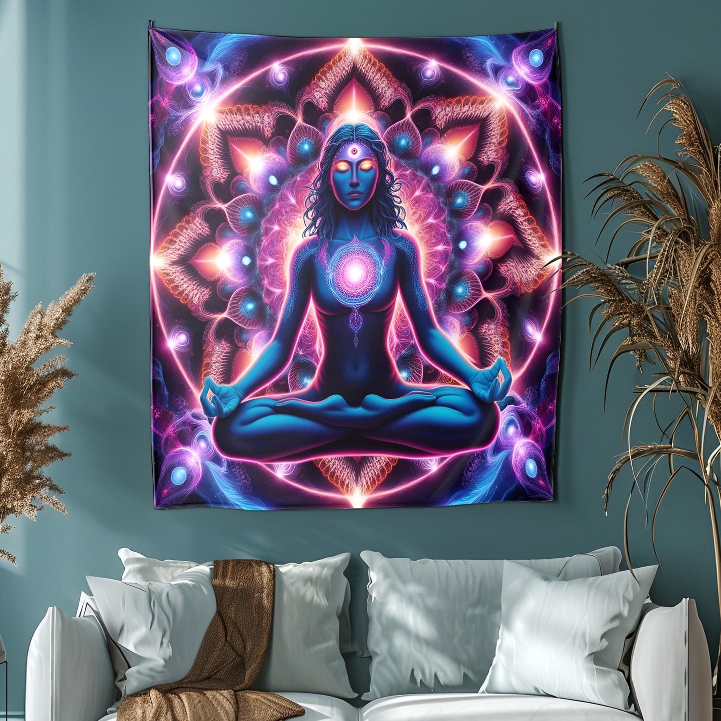 Psychedelic Meditating Figure Tapestry, Neon Fractal Cosmic Wall Art, Third Eye Awakening, Vibrant Mandala Visionary Decor, Psychedelic