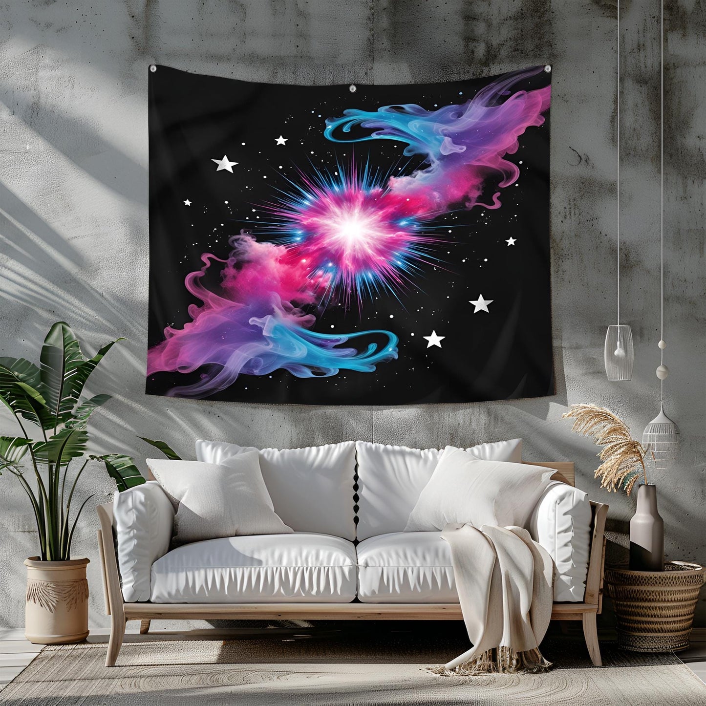 Colorful Space Nebula Tapestry, Central Cosmic Burst with Floating Stars & Swirling Mist, Vibrant Pink Blue Purple on Black Background
