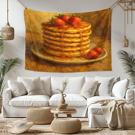 Pancake Stack Wall Tapestry with Strawberries and Syrup, Cozy Breakfast Food Art Print for Kitchen, Dining Room or Café Style Wall Decor