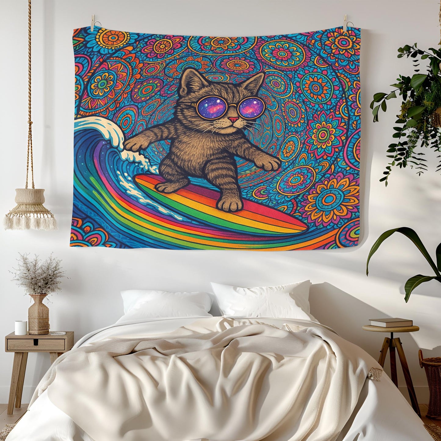 Psychedelic Surfing Cat Wall Tapestry, Trippy Rainbow Surfboard Art with Cool Kitten in Sunglasses, Fun Boho Decor for Dorm or Bedroom