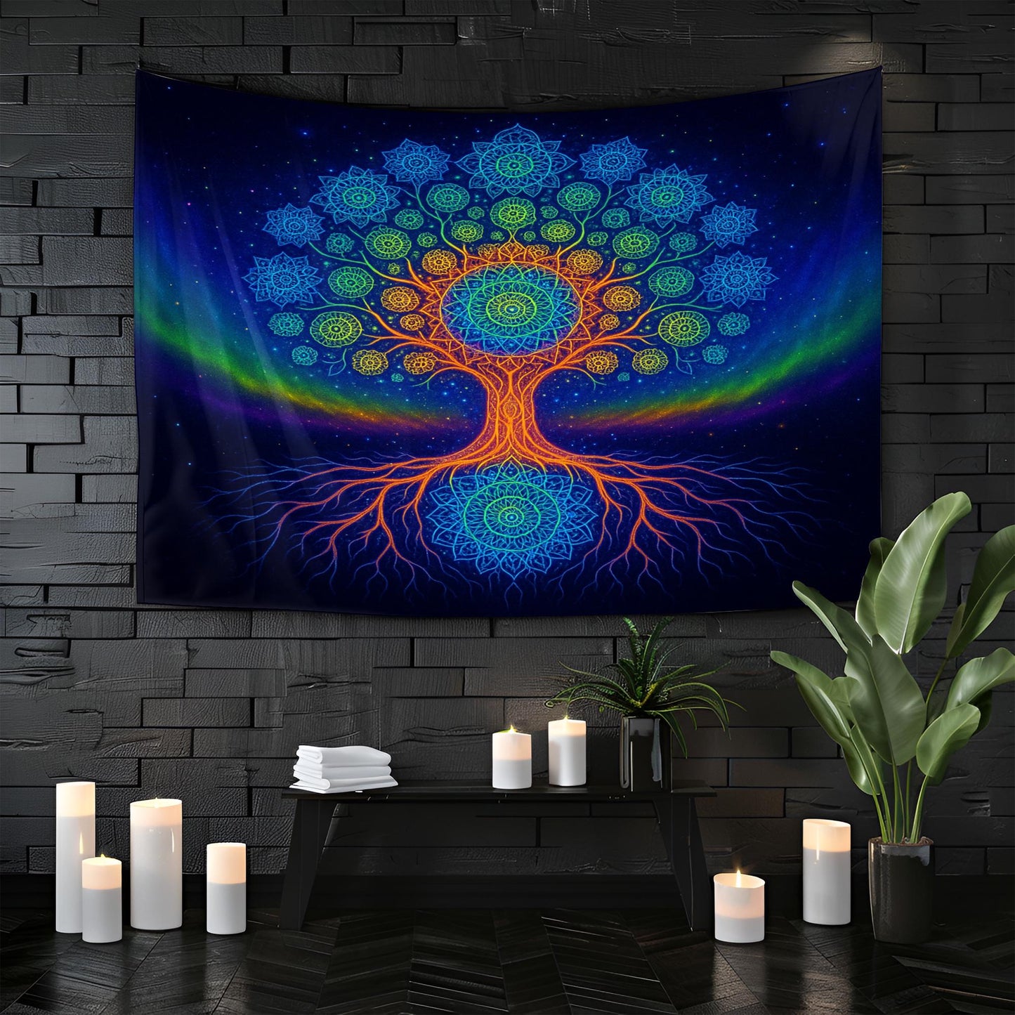 Mandala Tree of Life Tapestry Wall Hanging, Psychedelic Rainbow Art Decor, Spiritual Boho Wall Art for Bedroom Living Room Ambience