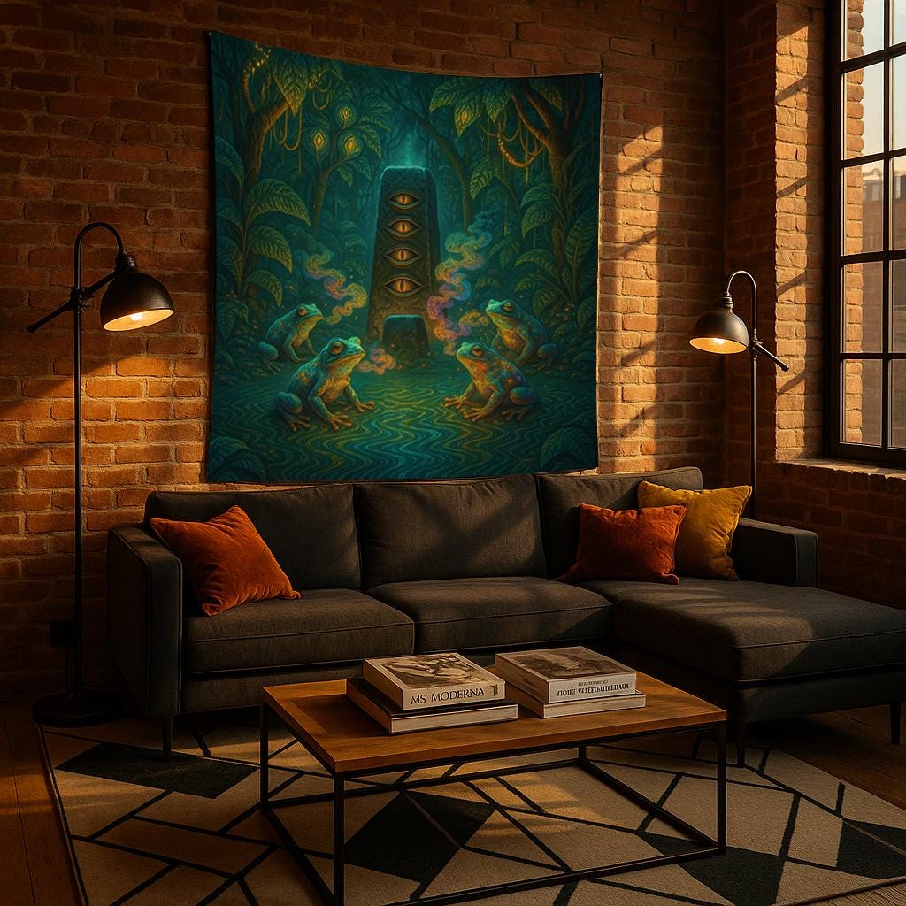 Psychedelic Frog Tapestry – Visionary Jungle Wall Art, Trippy Eye Monolith Decor, Shamanic Nature Scene, Spiritual Animal Print