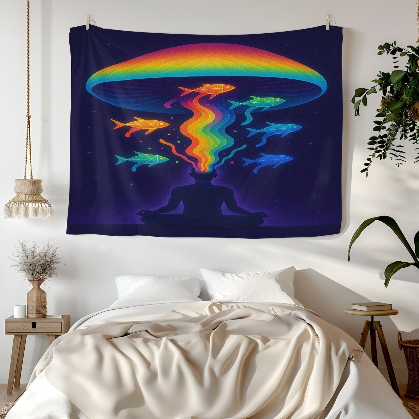 Psychedelic Meditation Tapestry, Rainbow Mind Art, Trippy Wall Decor, Spiritual Room Accent, Boho Visionary Print, Zen Fish Banner