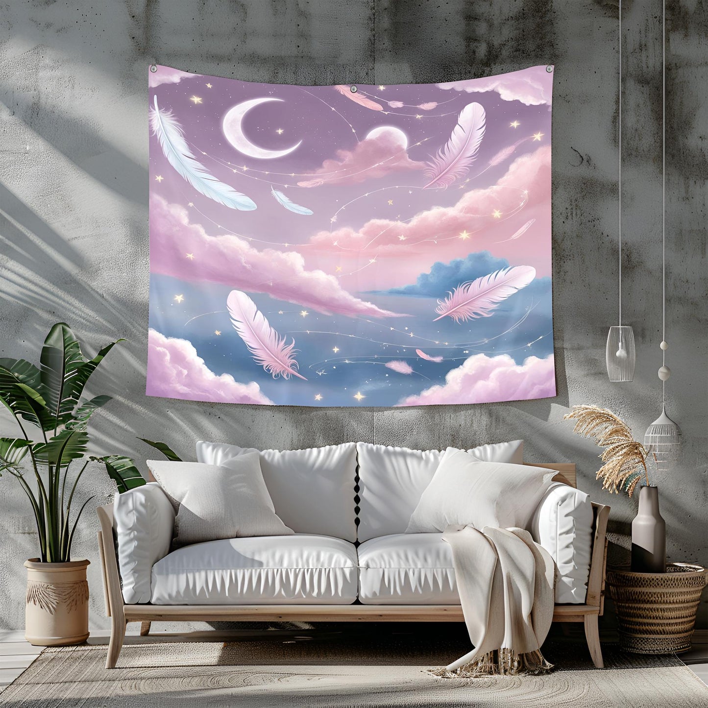 Dreamy Galaxy Tapestry with Floating Crescent Moons, Drifting Feathers, Glowing Clouds & Star Trails in Lilac Blush Pink Baby Blue