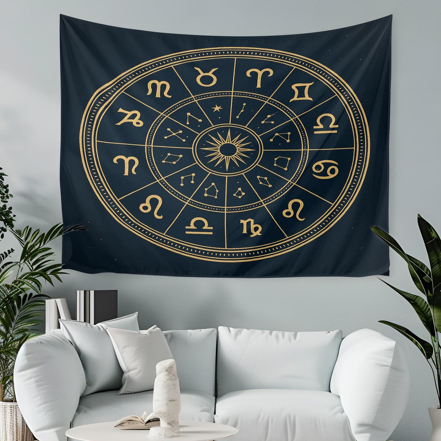 Golden Zodiac Sign Tapestry with Astrological Constellations – Boho Celestial Wall Decor for Astrology Enthusiasts and Spiritual Spaces