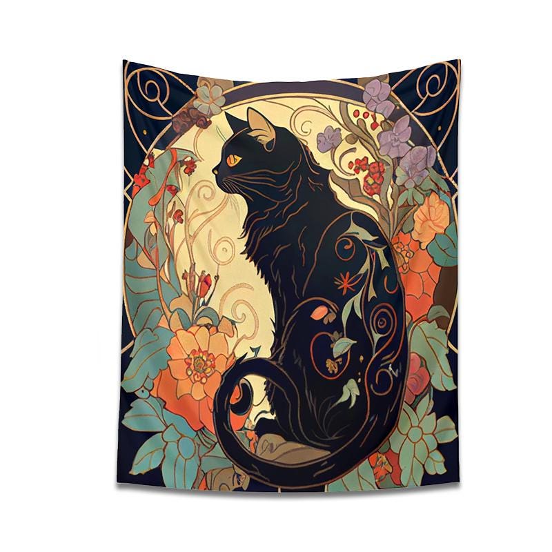 Psychedelic Black Cat Tapestry Wall Hanging with Rose and Sunbeam, Art Nouveau Floral Wall Art for Cat Lovers, Animal Themed Home Decor Gift