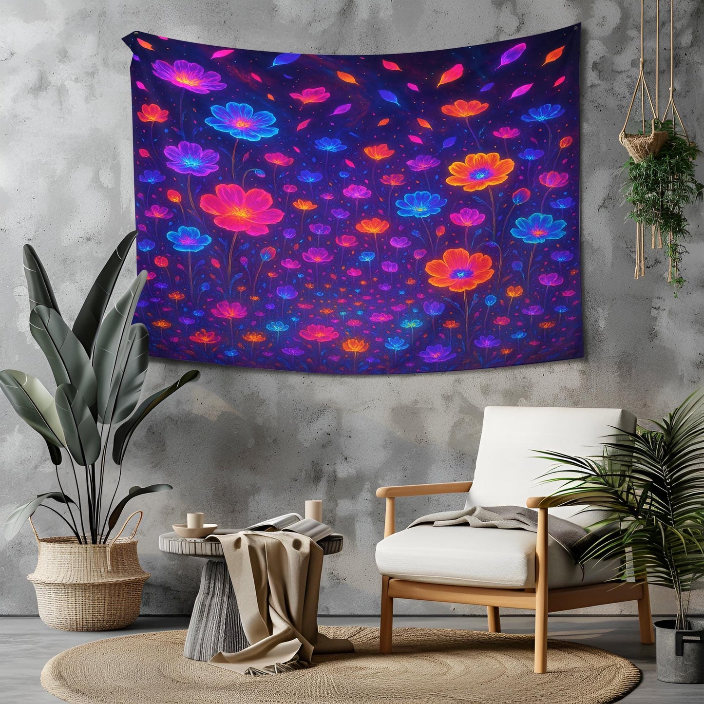 Surreal Bioluminescent Flower Field Tapestry, Psychedelic Fantasy Wall Art, Glowing Neon Petals, Dreamy Decor, Gift For Her Or Him