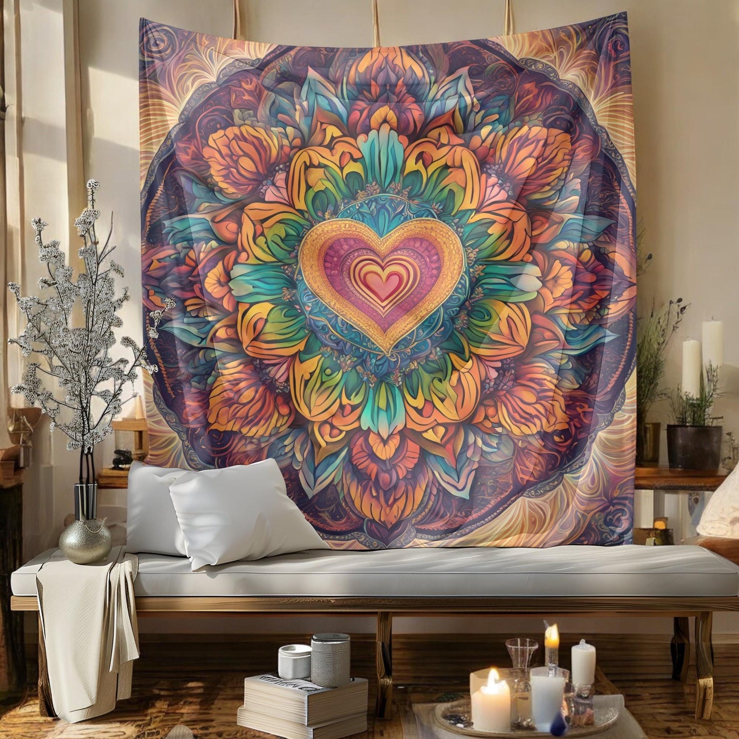 Rainbow Mandala Tapestry - LGBT Pride Boho Wall Hanging - Colorful Spiritual Room Decor - Vibrant Symmetrical Mandala with Heart Center