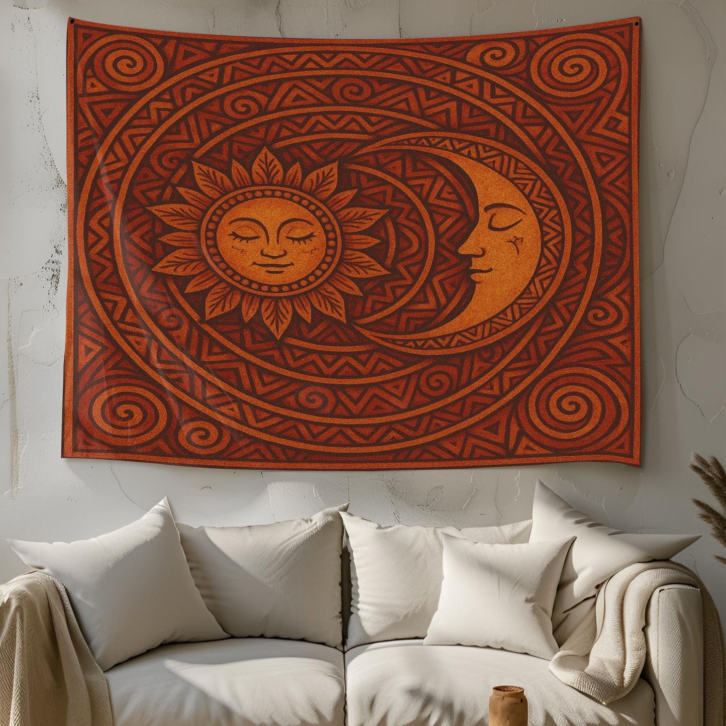 Sun and Moon Tapestry Wall Hanging – Tribal Celestial Boho Decor with Smiling Faces and Swirled Earthy Orange Geometric Mandala Design