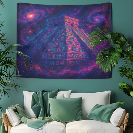 Ancient Space Temple Tapestry, Neon Hieroglyph Wall Art With Galaxies And Cosmic Dust, Trippy Psychedelic Decor, Gift For Him Or Her