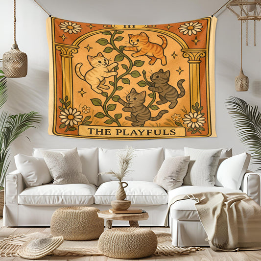 The Playfuls Cat Tapestry – Cottagecore Tarot Wall Art, Whimsical Kitten Tapestry for Boho, Nursery, or Cozy Living Room Decor