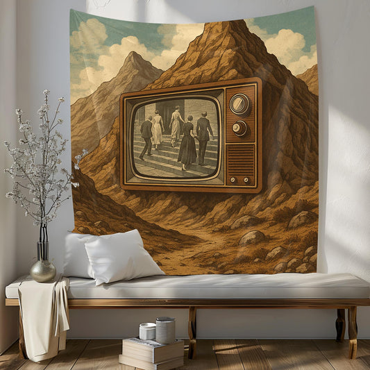 Vintage TV In Mountain Tapestry, Surreal Black And White Film Scene Playing Backwards In Time, Retro Dreamscape Wall Art, Gift For Him