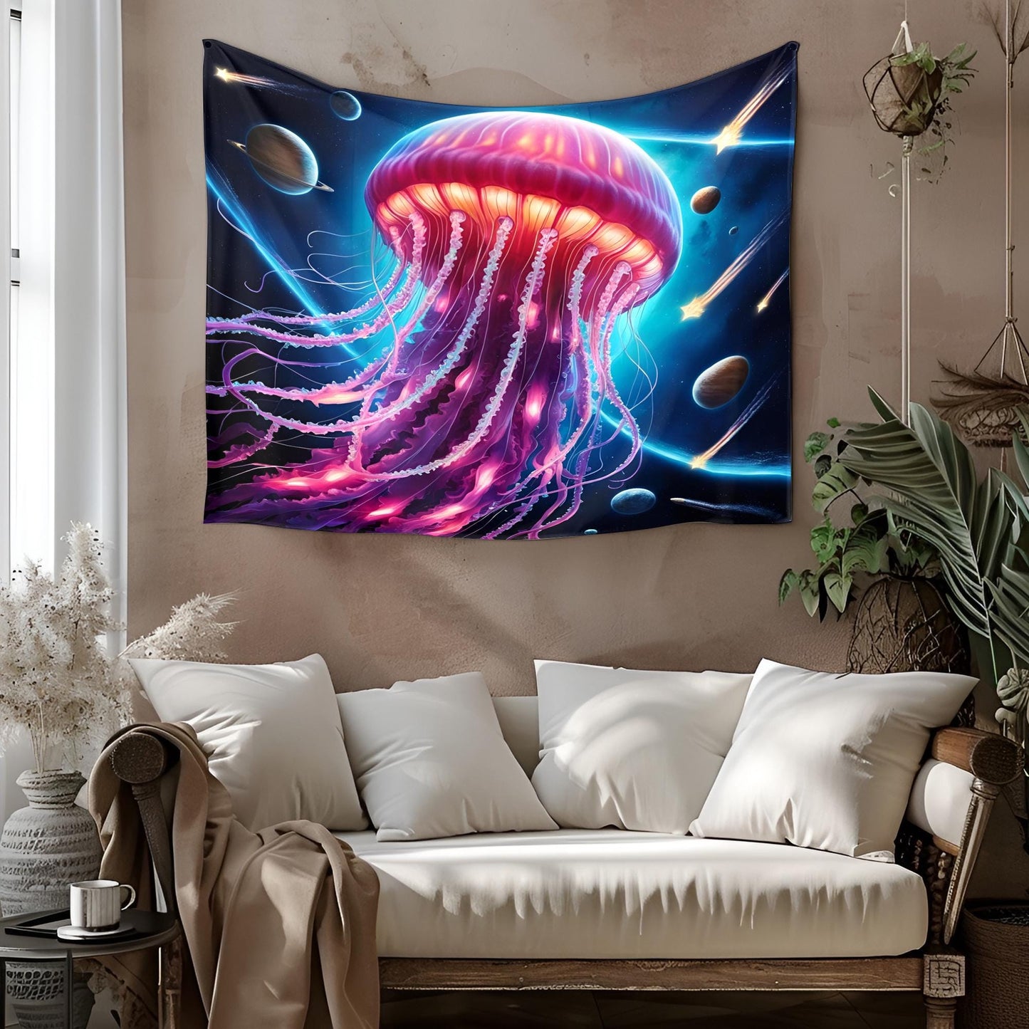 Bioluminescent Space Jellyfish Tapestry, Glowing Tentacles & Cosmic Patterns, Psychedelic Neon Galaxy Wall Art, Trippy Tapestries