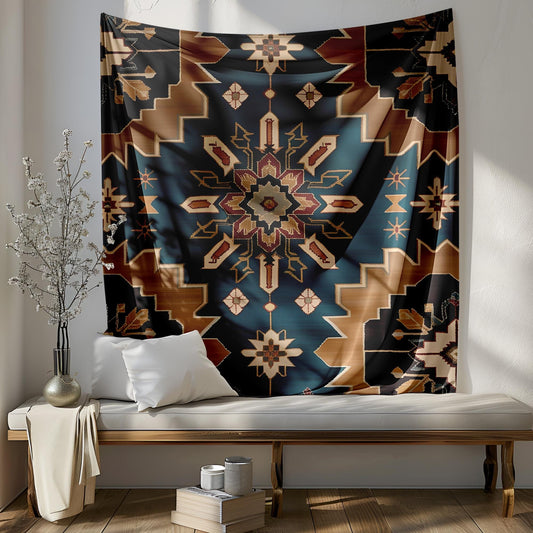 Turkish Seljuk Rug Tapestry, Symmetrical Geometric Wall Hanging, Eight-Pointed Star Design, Deep Turquoise Gold Decor,Turkish Rug Tapestry